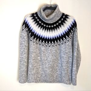 Aspen Fair Isle Wool Blend Grey Cozy Knit Turtleneck Sweater